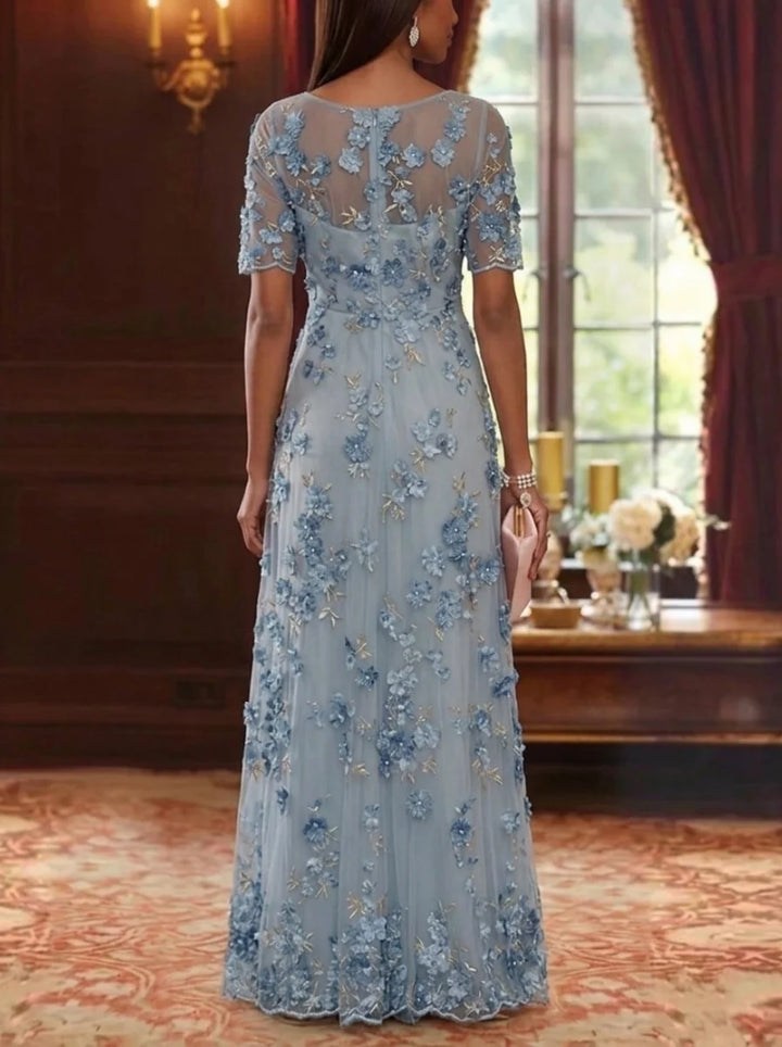 A-Line/Princess V-Neck Chiffon Mother of the Bride Dresses Lace Floral Floor-Length Short Sleeves