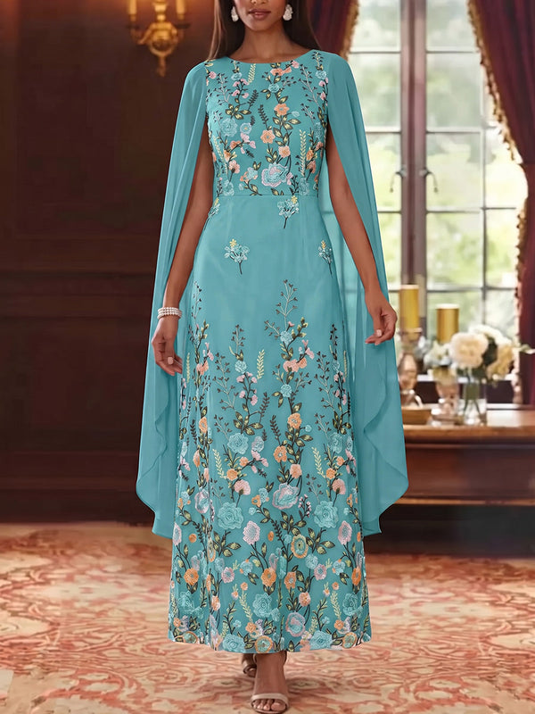 A-Line/Princess Scoop Chiffon Mother of the Bride Dresses Floral Ankle-Length Cape Sleeves