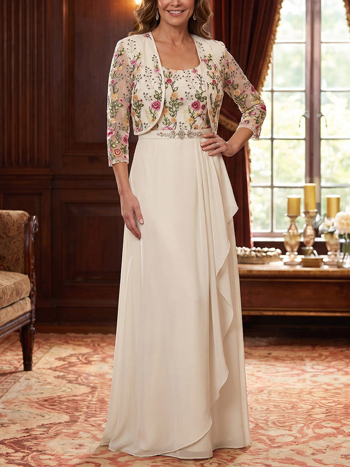 A-Line/Princess Scoop Chiffon Mother of the Bride Dresses Floral Floor-Length 3/4 Sleeves with Jacket