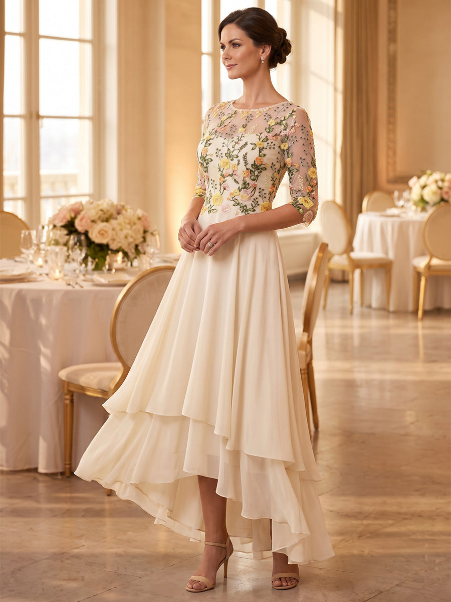A-Line/Princess Scoop Chiffon Mother of the Bride Dresses Asymmetrical Ankle-Length Floral 3/4 Sleeves