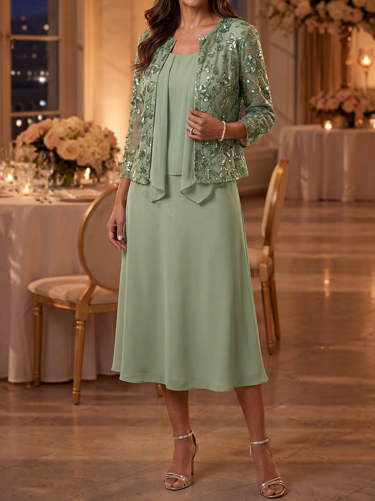 A-Line/Princess 2 Pieces Scoop Chiffon Mother of the Bride Dresses Tea-Length 3/4 Sleeves with Sequin Jacket