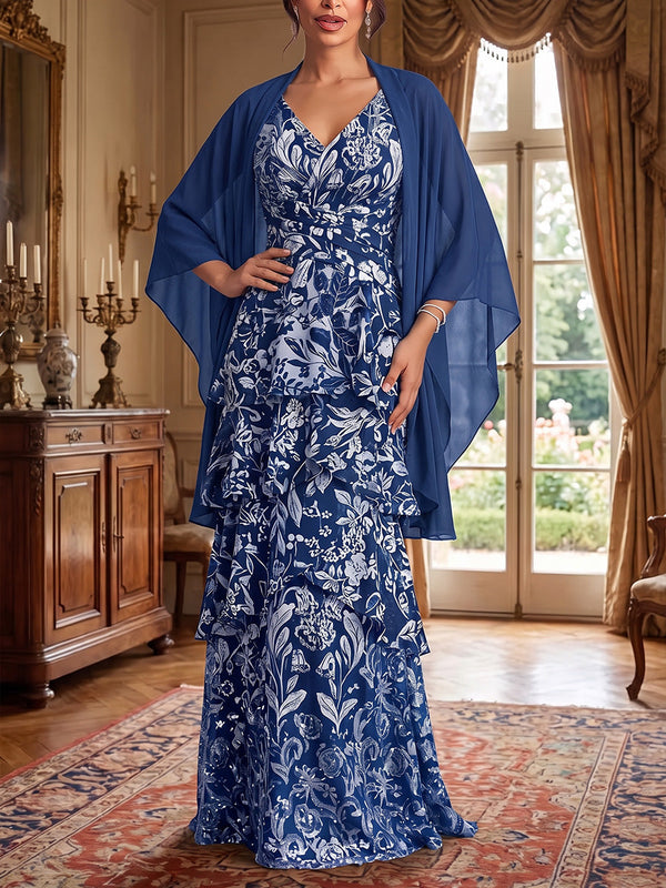 A-Line/Princess V-Neck Floral Chiffon Mother of the Bride Dresses Floor-Length Sleeveless with Wrap