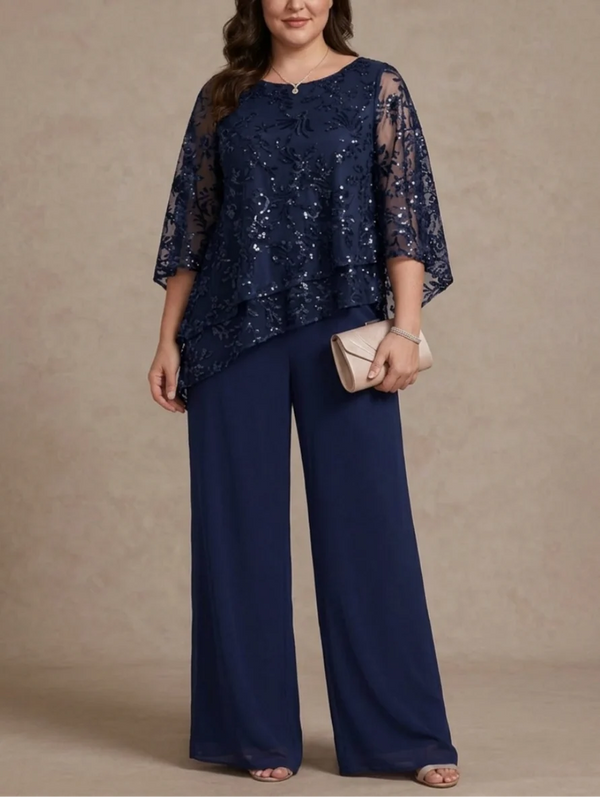 2 Pieces Scoop Chiffon Plus Size Mother of the Bride Pantsuits Floral Sequins Floor-Length 3/4 Sleeves