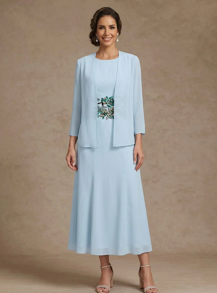 A-Line/Princess Scoop Chiffon Mother of the Bride Dresses with Jacket Tea-Length 3/4 Sleeves Floral Sequins