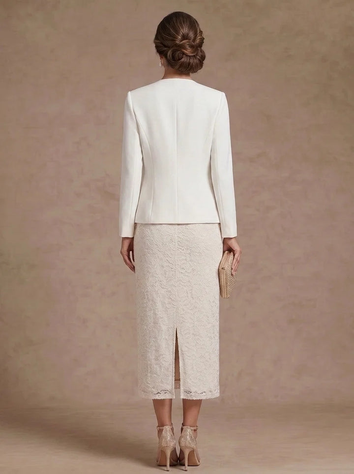 Sheath/Column Sweetheart Stretch Satin Mother of the Bride Dresses with Jacket Lace Long Sleeves Tea-Length