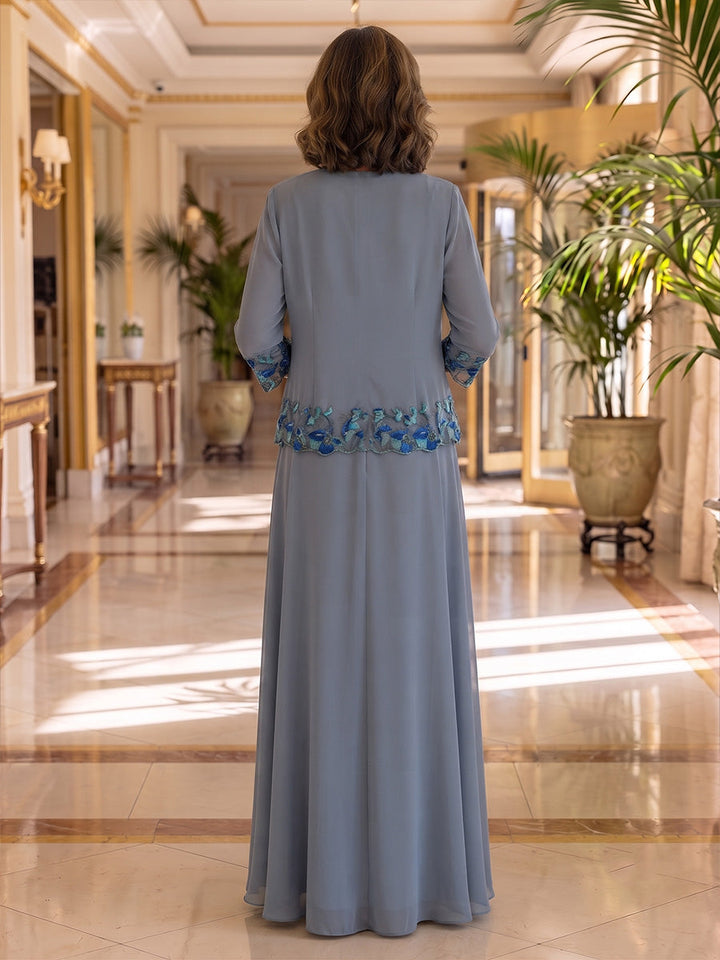2 Pieces A-Line/Princess V-Neck Chiffon Mother of the Bride Dresses Floral Floor-Length 3/4 Sleeves