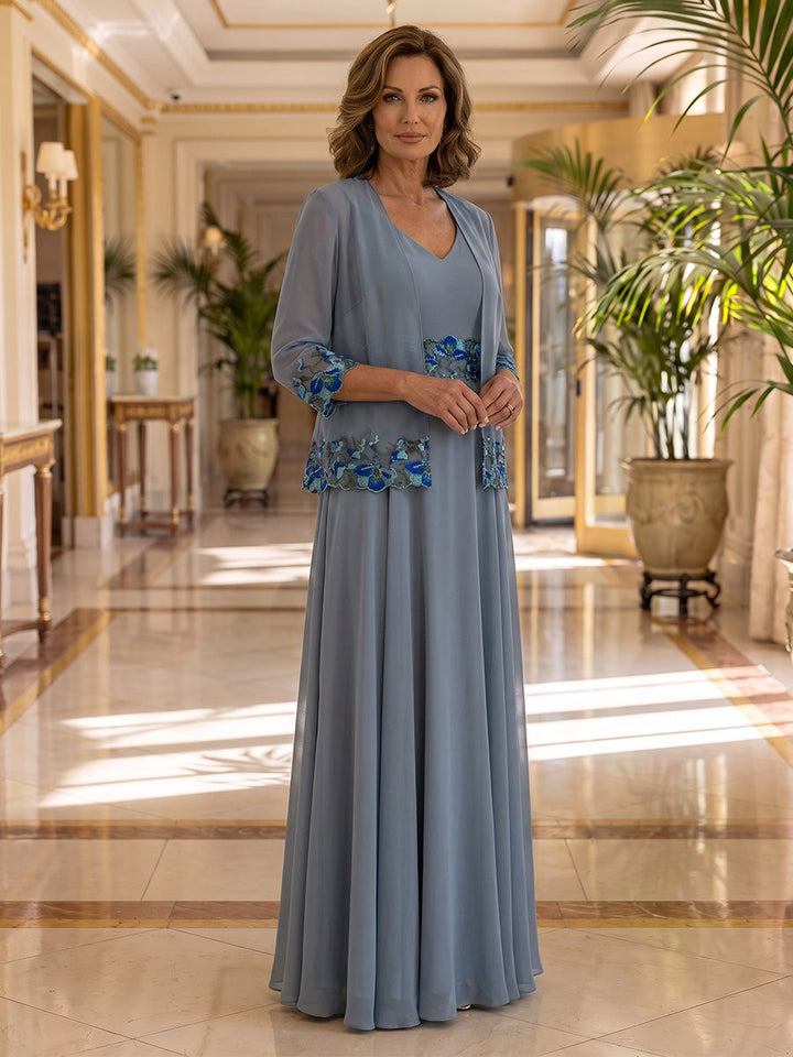 2 Pieces A-Line/Princess V-Neck Chiffon Mother of the Bride Dresses Floral Floor-Length 3/4 Sleeves