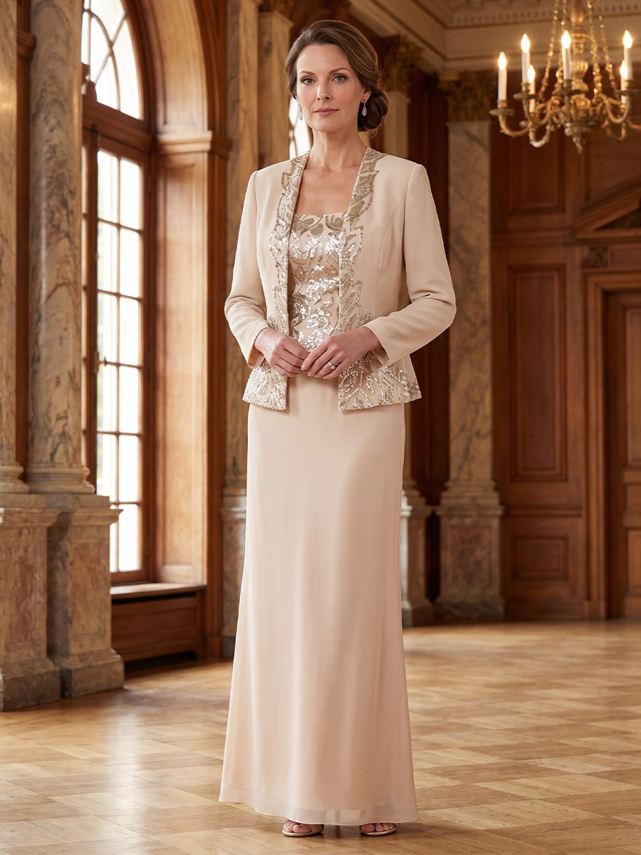 Sheath/Column 2 Pieces Scoop Chiffon Mother of the Bride Dresses Sequins Ankle-Length Long Sleeves with Jacket