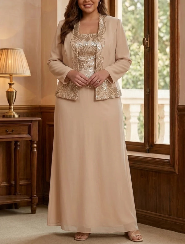 Sheath/Column 2 Pieces Scoop Chiffon Plus Size Mother of the Bride Dresses Sequins Ankle-Length Long Sleeves with Jacket
