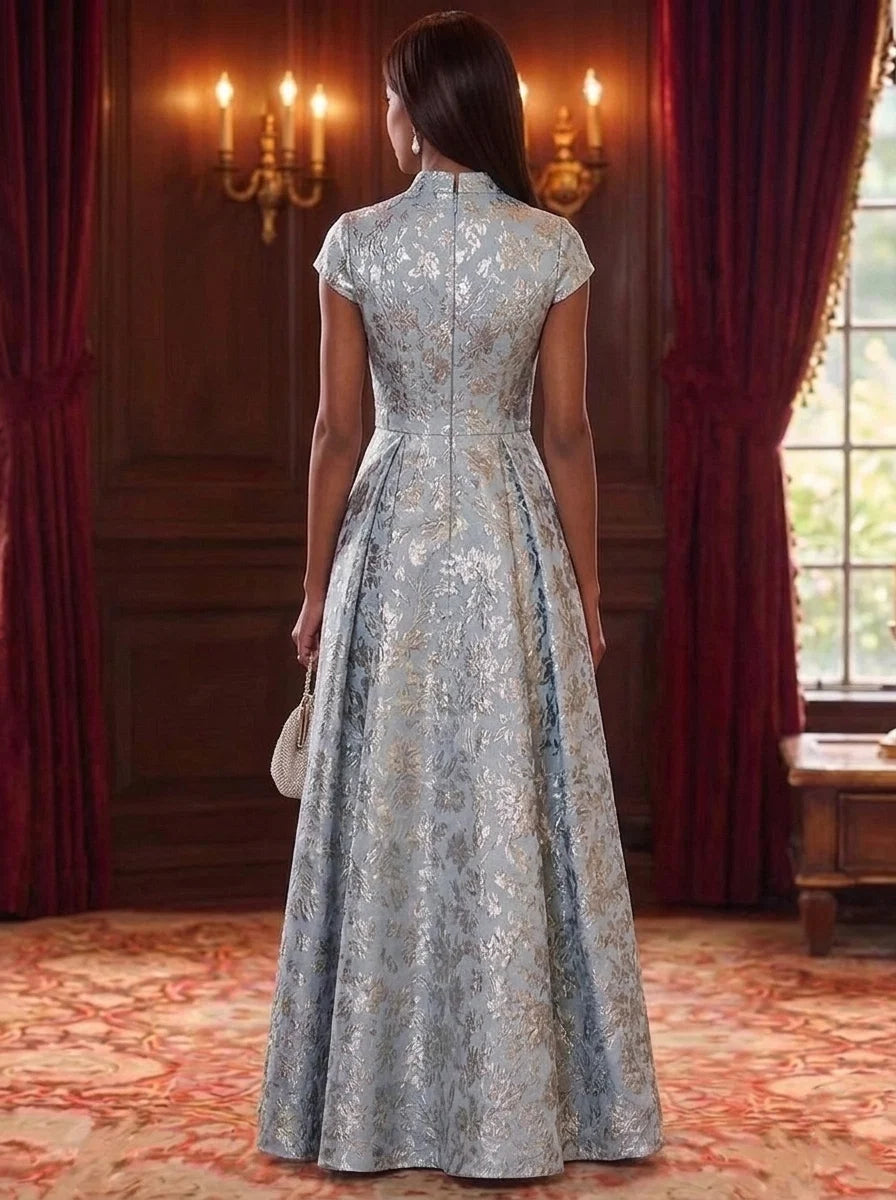A-Line/Princess V-Neck Jacquard Mother of the Bride Dresses Floor-Length Floral Cap Sleeves