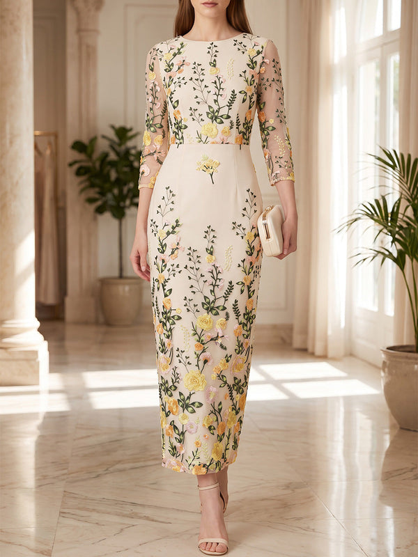 Sheath/Column Scoop Lace Embroidery Mother of the Bride Dresses Tea-Length 3/4 Sleeves