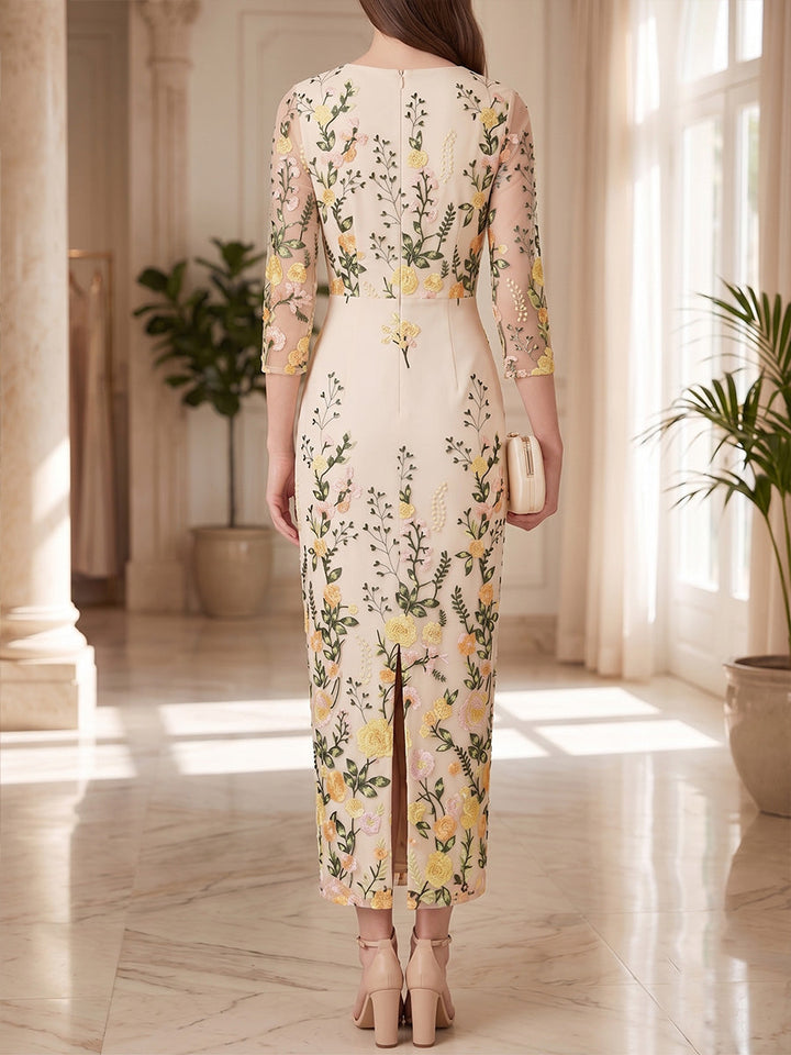 Sheath/Column Scoop Lace Embroidery Mother of the Bride Dresses Tea-Length 3/4 Sleeves
