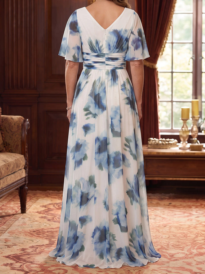A-Line/Princess V-Neck Floral Chiffon Mother of the Bride Dresses Tea-Length High-Low Short Sleeves