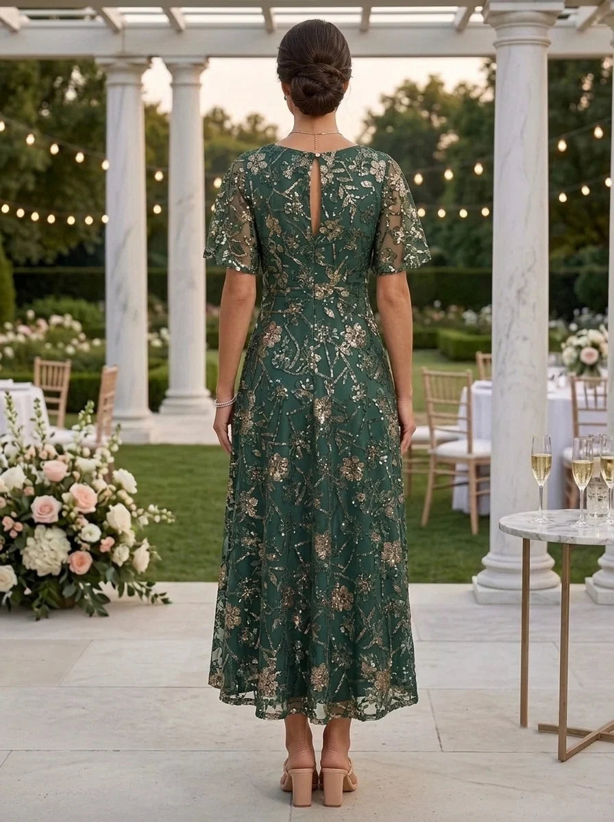 A-Line/Princess Scoop Chiffon Mother of the Bride Dresses Tea-Length Short Sleeves Floral Sequins