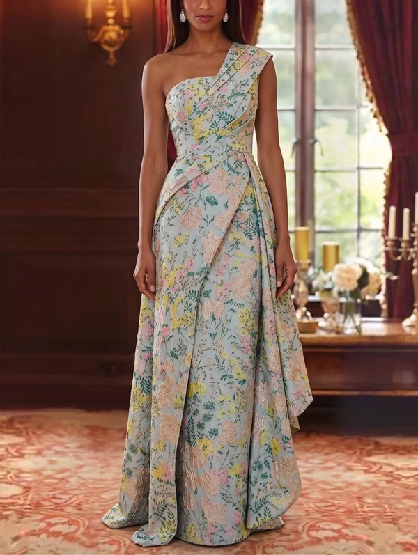 Sheath/Column One-Shoulder Jacquard Mother of the Bride Dresses Floor-Length Floral Sleeveless Ruffles