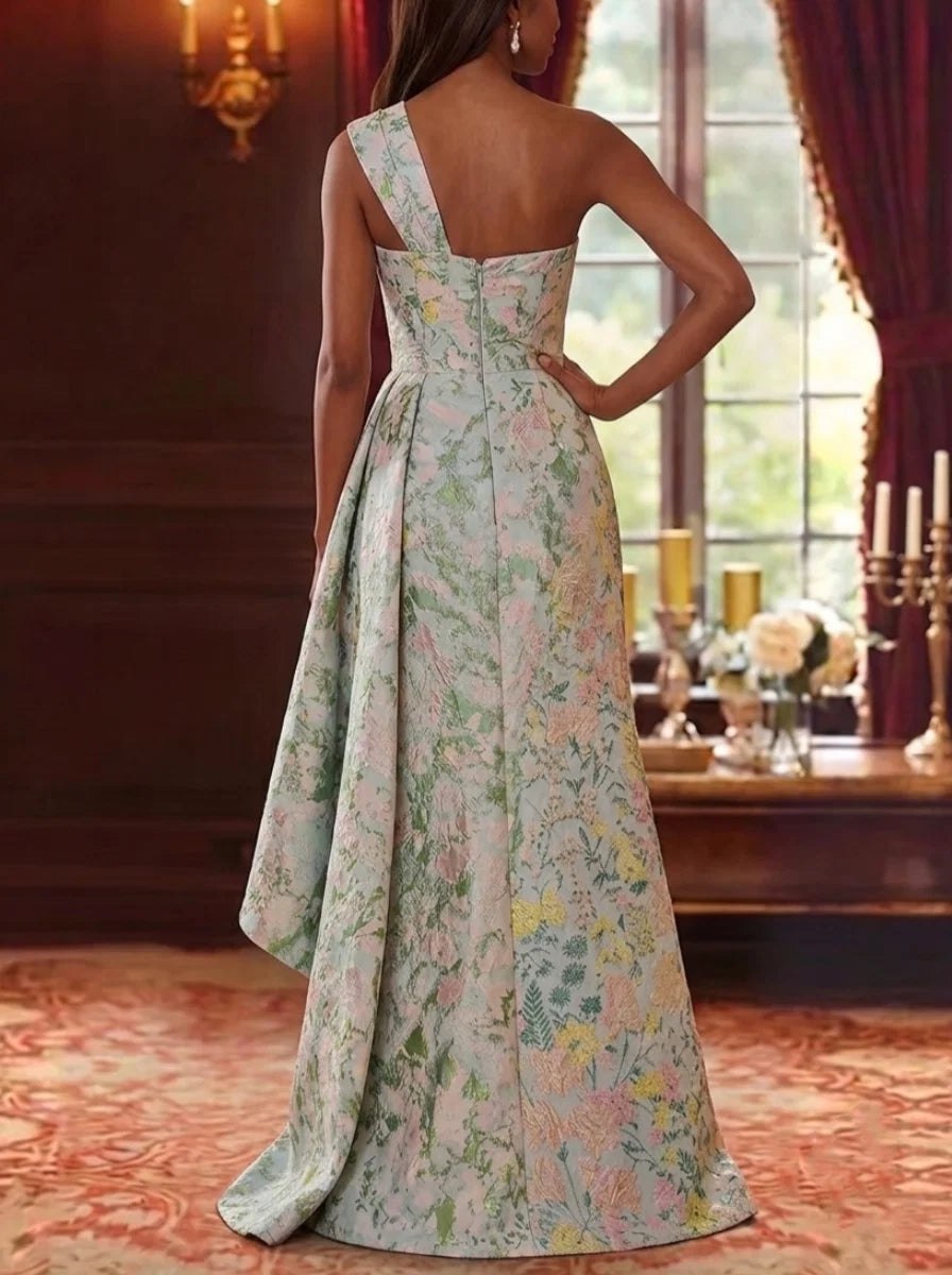 Sheath/Column One-Shoulder Jacquard Mother of the Bride Dresses Floor-Length Floral Sleeveless Ruffles