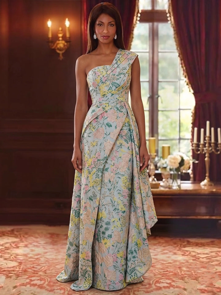 Sheath/Column One-Shoulder Jacquard Mother of the Bride Dresses Floor-Length Floral Sleeveless Ruffles