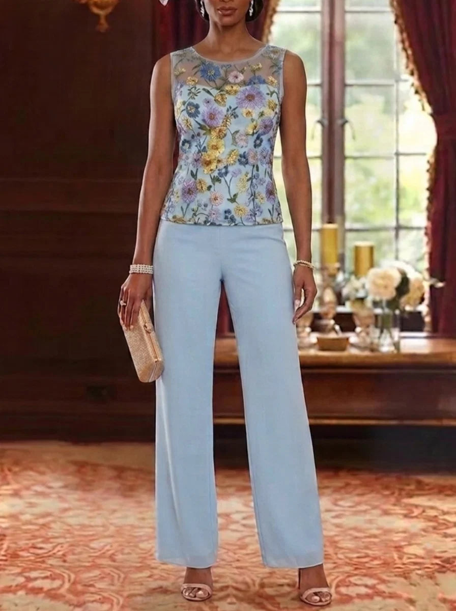 3 Pieces Scoop Chiffon Mother of the Bride Pantsuits with Jacket Ankle-Length Long Sleeves Floral