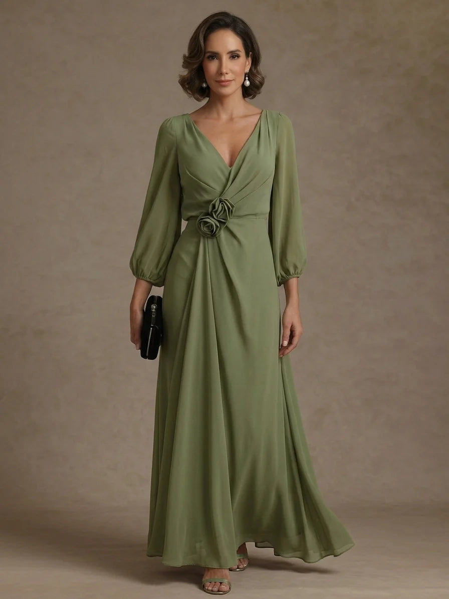A-Line/Princess V-Neck Chiffon Mother of the Bride Dresses Ankle-Length Long Sleeves with 3D Flowers