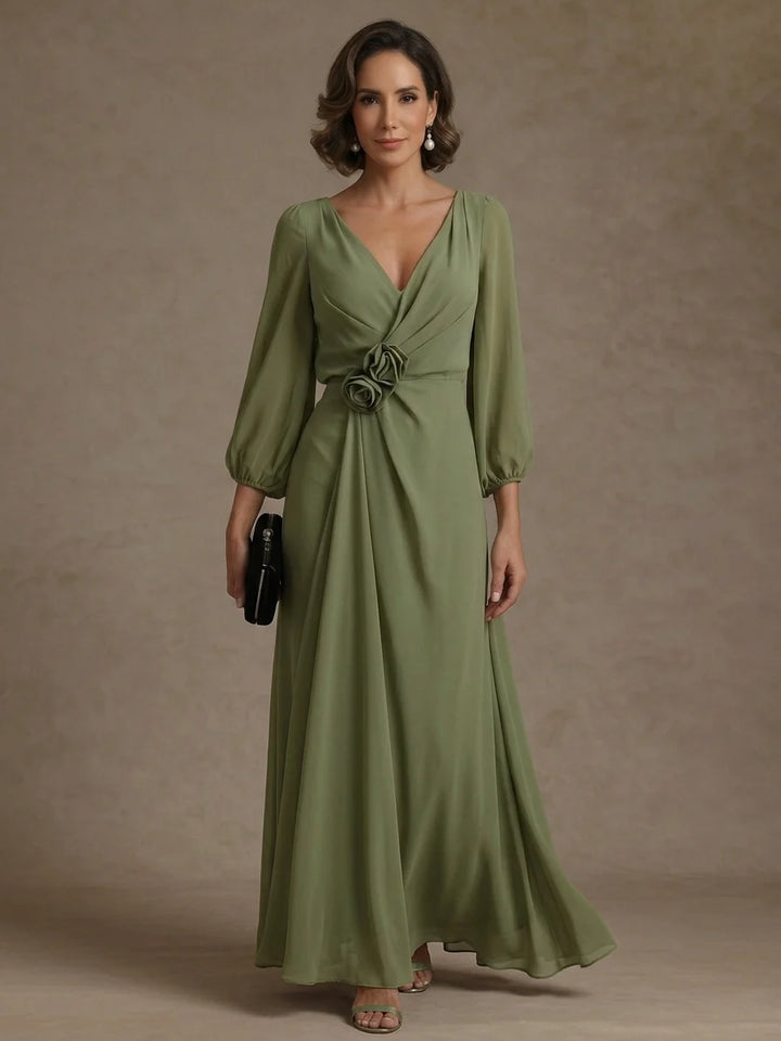 A-Line/Princess V-Neck Chiffon Mother of the Bride Dresses Ankle-Length Long Sleeves with 3D Flowers