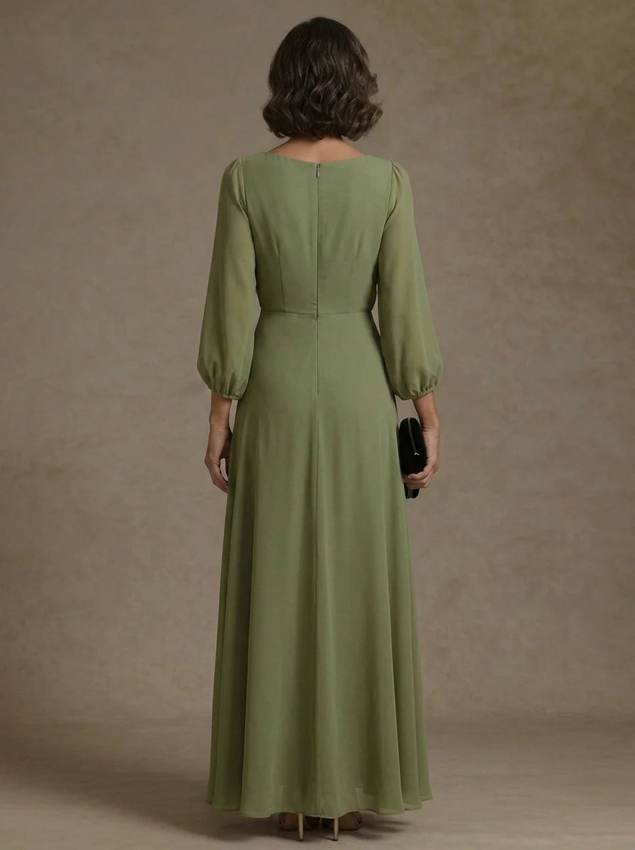 A-Line/Princess V-Neck Chiffon Mother of the Bride Dresses Ankle-Length Long Sleeves with 3D Flowers
