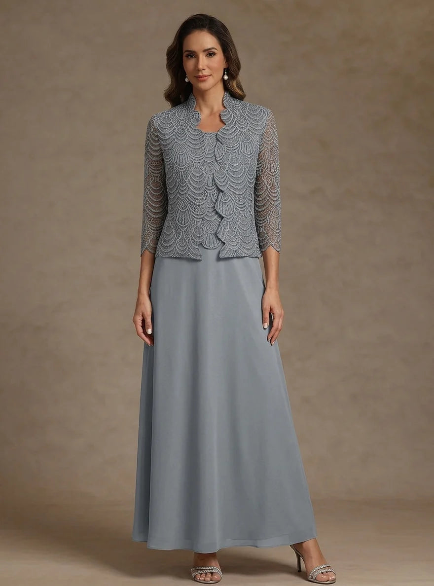 2 Pieces A-Line/Princess Scoop Chiffon Mother of the Bride Dresses Ankle-Length 3/4 Sleeves&amp;Sleeveless with Lace Jacket