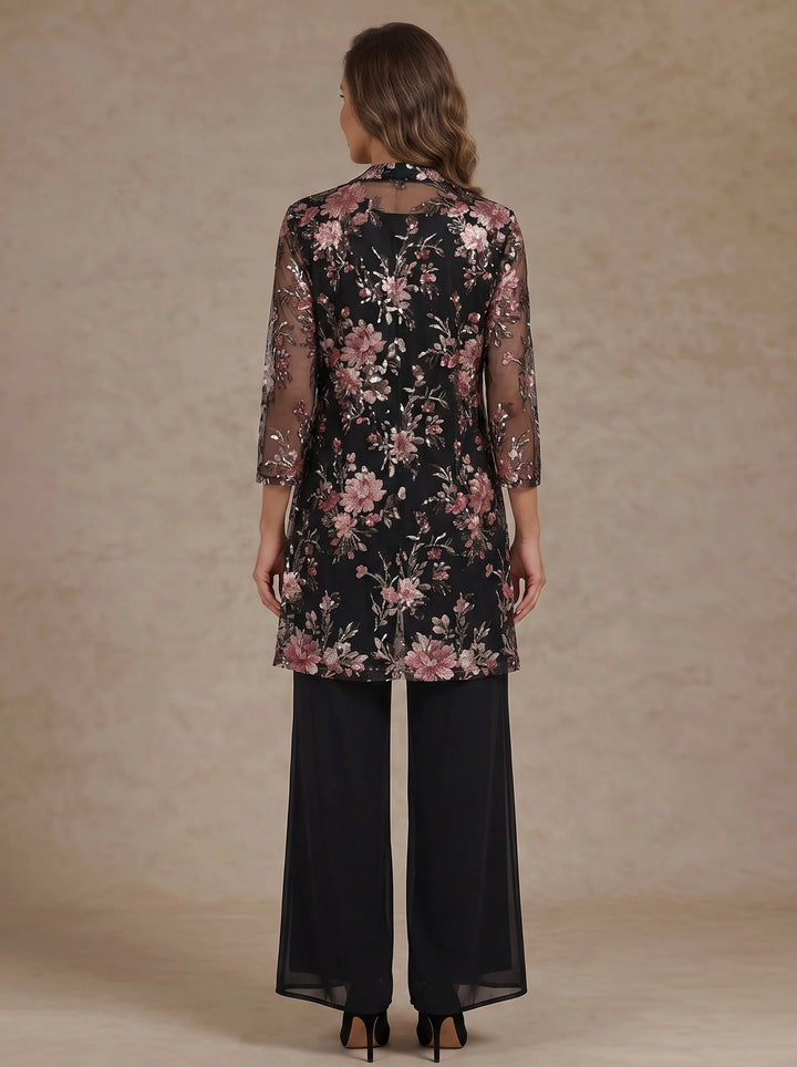 3 Pieces Scoop Chiffon Mother of the Bride Pantsuit Floral Ankle-Length 3/4 Sleeves&amp;Sleeveless with Jacket