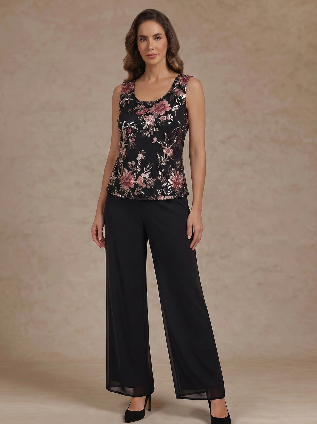 3 Pieces Scoop Chiffon Mother of the Bride Pantsuit Floral Ankle-Length 3/4 Sleeves&amp;Sleeveless with Jacket