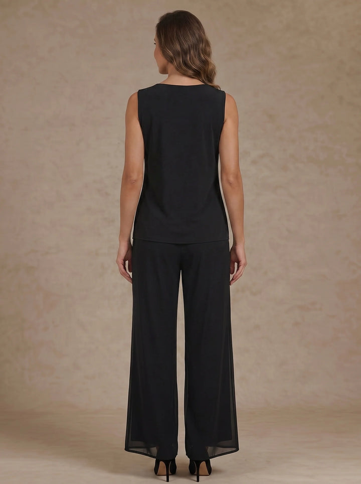 3 Pieces Scoop Chiffon Mother of the Bride Pantsuit Floral Ankle-Length 3/4 Sleeves&amp;Sleeveless with Jacket