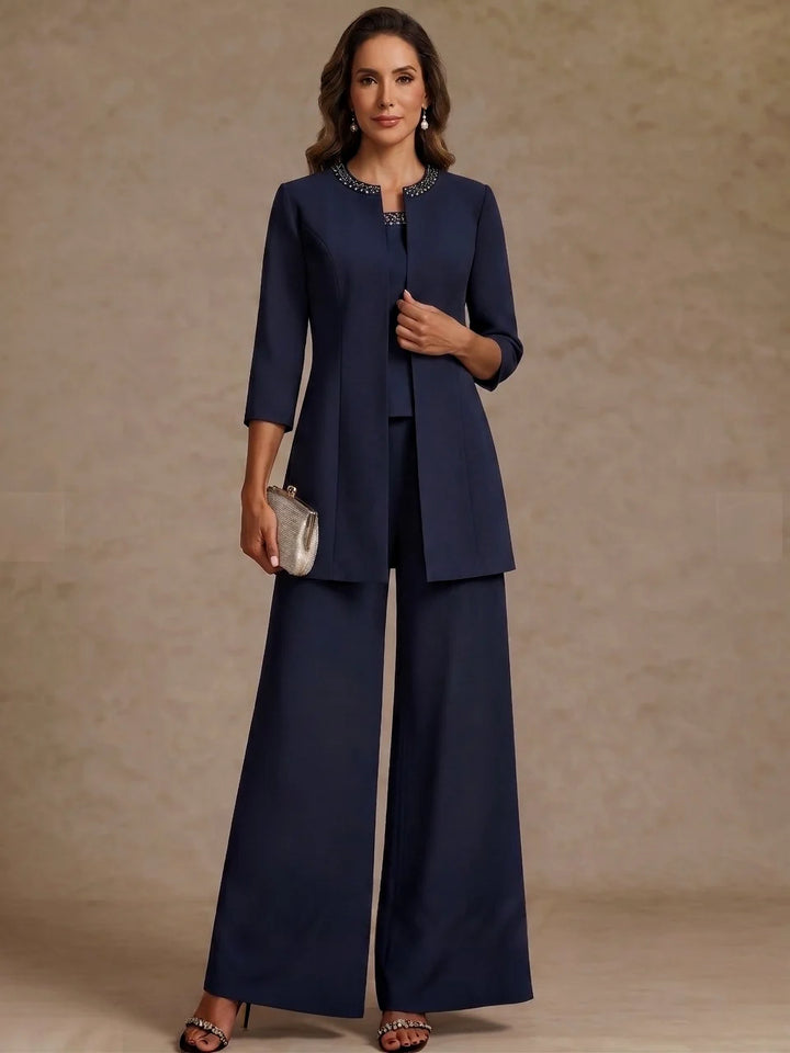 3 Pieces Scoop Chiffon Mother of the Bride Pantsuit Ankle-Length 3/4 Sleeves&amp;Sleeveless Rhinestones with Jacket