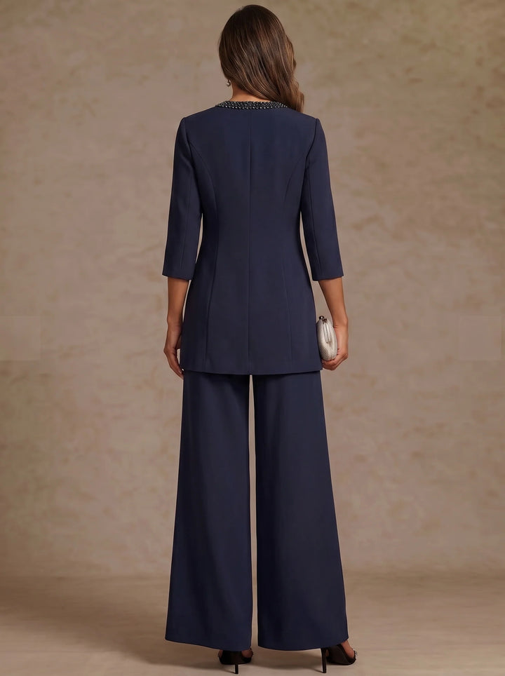 3 Pieces Scoop Chiffon Mother of the Bride Pantsuit Ankle-Length 3/4 Sleeves&amp;Sleeveless Rhinestones with Jacket