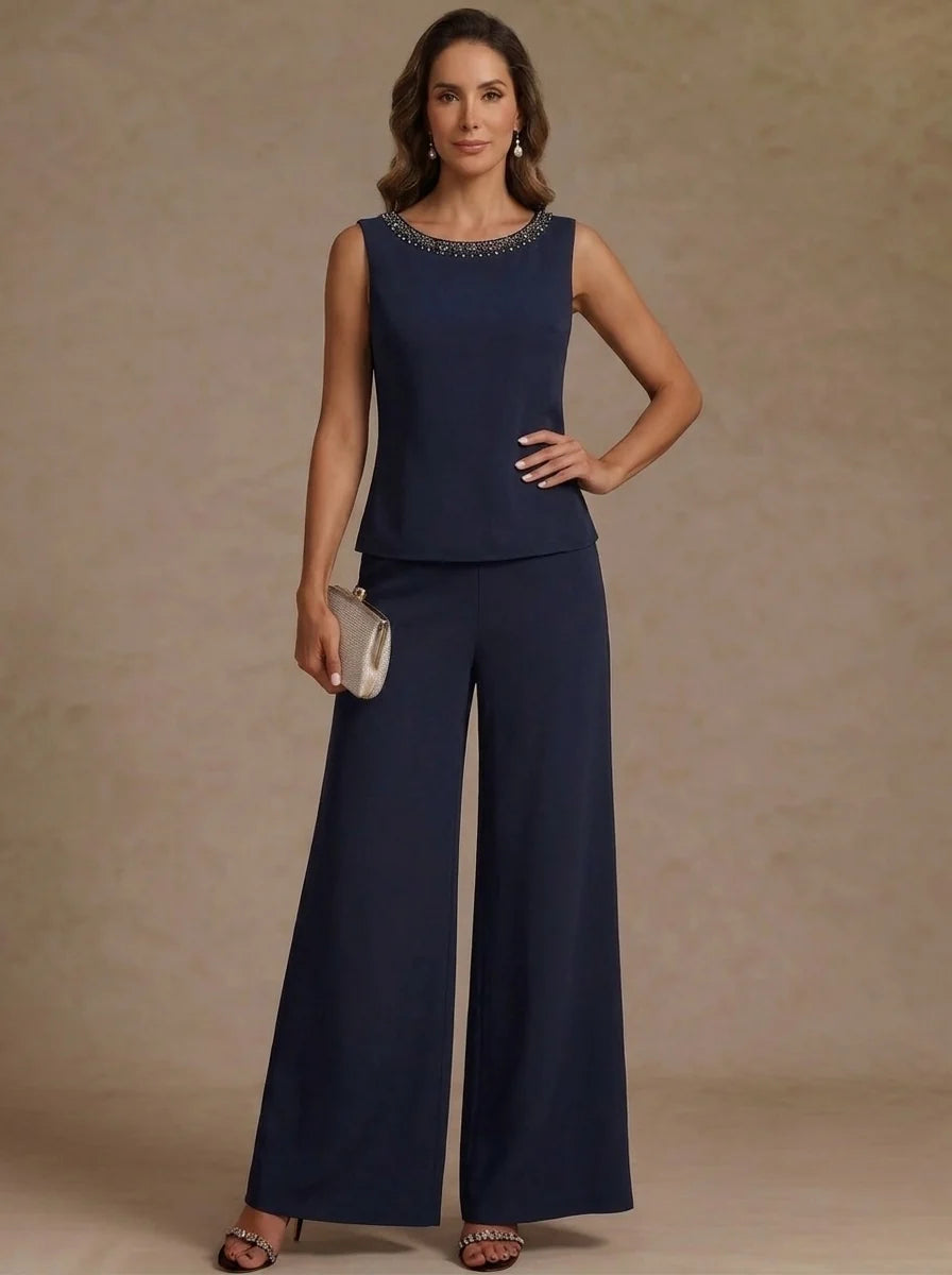 3 Pieces Scoop Chiffon Mother of the Bride Pantsuit Ankle-Length 3/4 Sleeves&amp;Sleeveless Rhinestones with Jacket