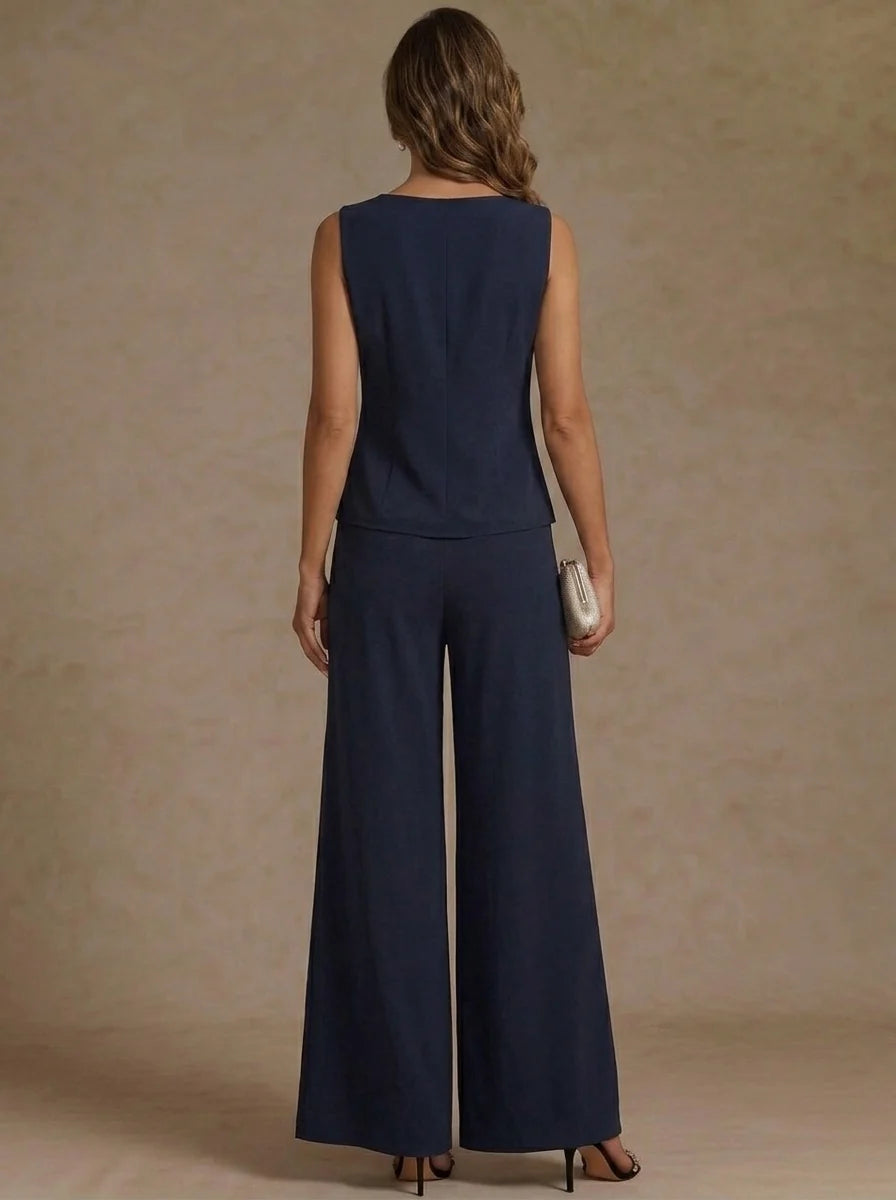 3 Pieces Scoop Chiffon Mother of the Bride Pantsuit Ankle-Length 3/4 Sleeves&amp;Sleeveless Rhinestones with Jacket