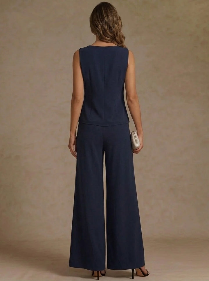 3 Pieces Scoop Chiffon Mother of the Bride Pantsuit Ankle-Length 3/4 Sleeves&amp;Sleeveless Rhinestones with Jacket