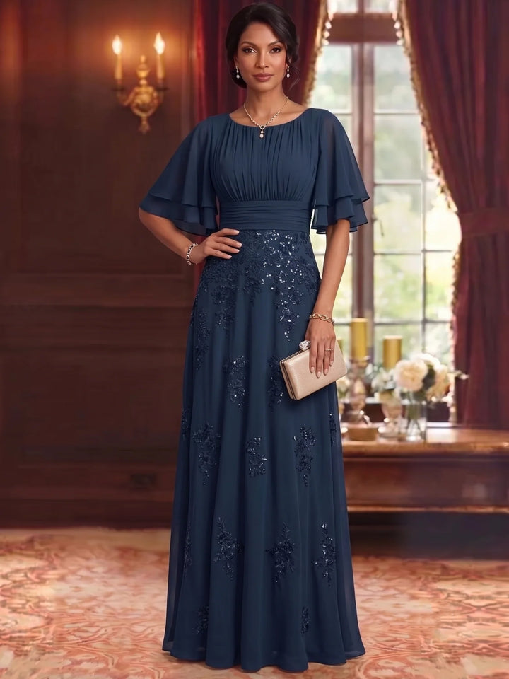 A-Line/Princess Scoop Chiffon Mother of the Bride Dresses Sequins Floor-Length Half Sleeves