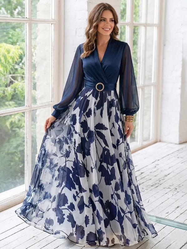 A-Line/Princess V-Neck Floral Chiffon Mother of the Bride Dresses Floor-Length Long Sleeves with Belt