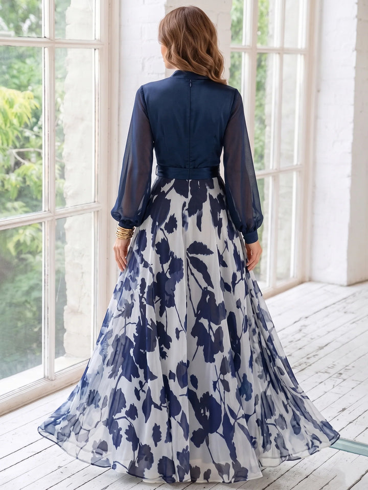 A-Line/Princess V-Neck Floral Chiffon Mother of the Bride Dresses Floor-Length Long Sleeves with Belt