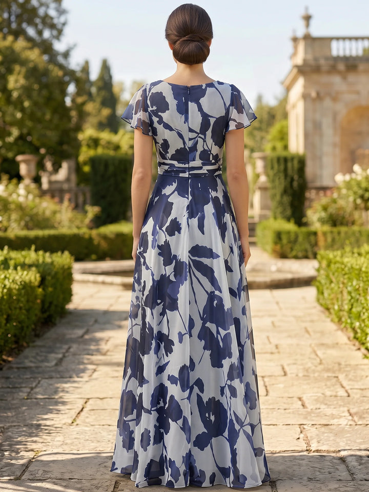 A-Line/Princess V-Neck Floral Chiffon Mother of the Bride Dresses Floor-Length Short Sleeves with 3D Flower