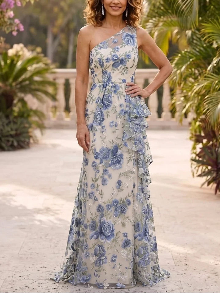 A-Line/Princess One-Shoulder Lace Embroidery Mother of the Bride Dresses Floor-Length Sleeveless Ruffles