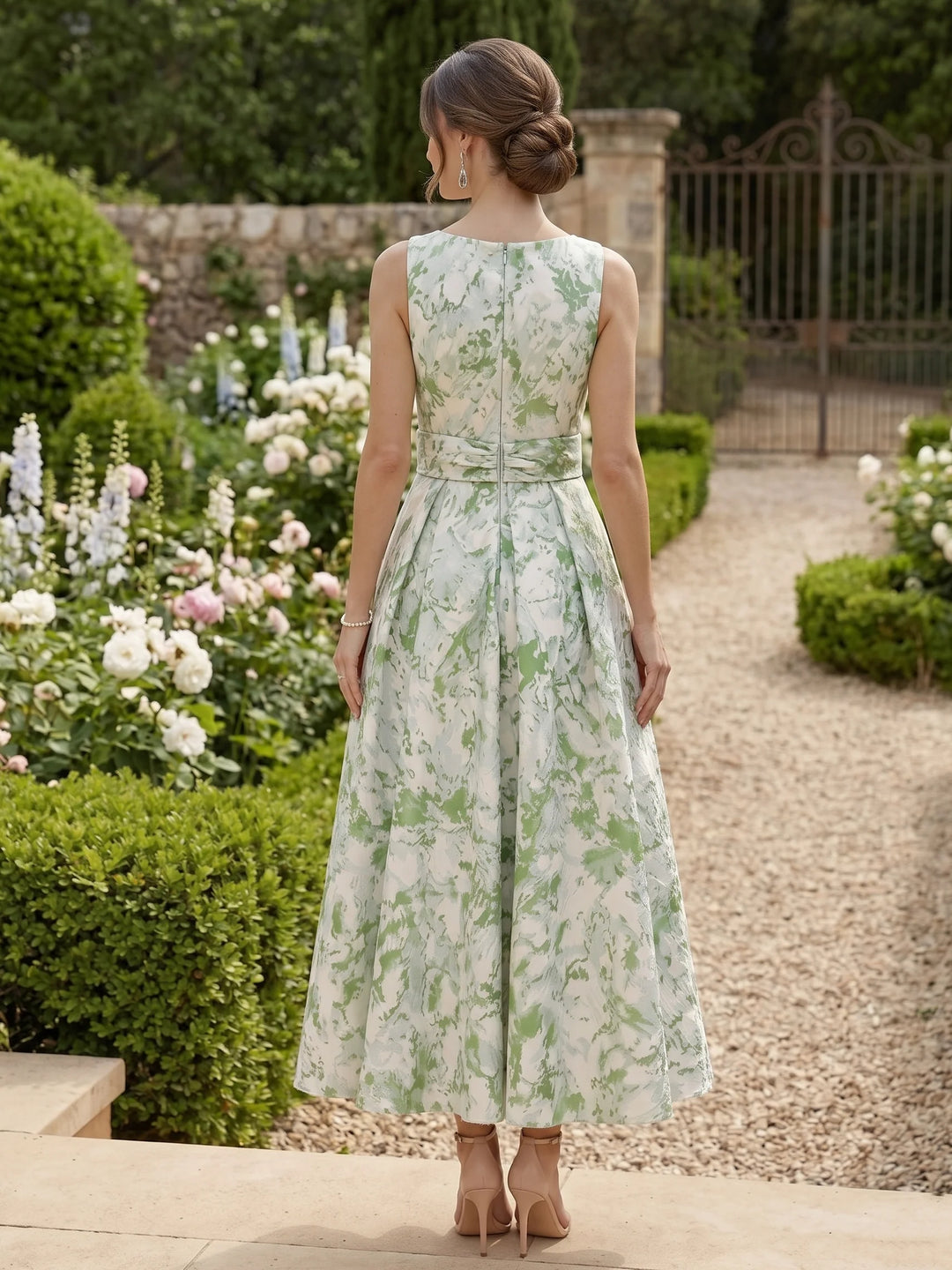 A-Line/Princess V-Neck Jacquard Cocktail Dresses Sleeveless Tea-Length Party Dresses with Bowknot