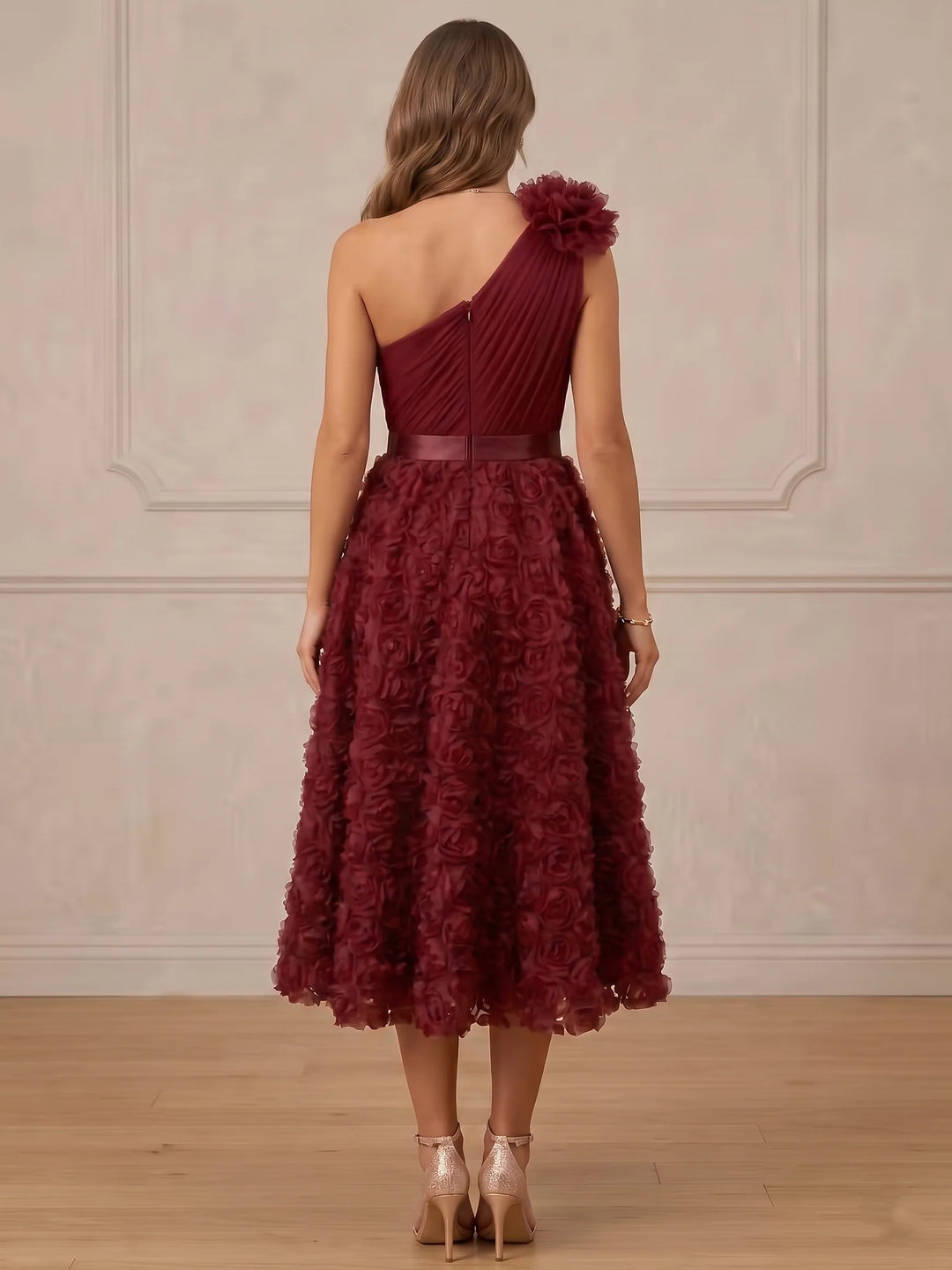 A-Line/Princess One-Shoulder Tulle Cocktail Dresses Sleeveless Tea-Length Party Dresses 3D Flowers