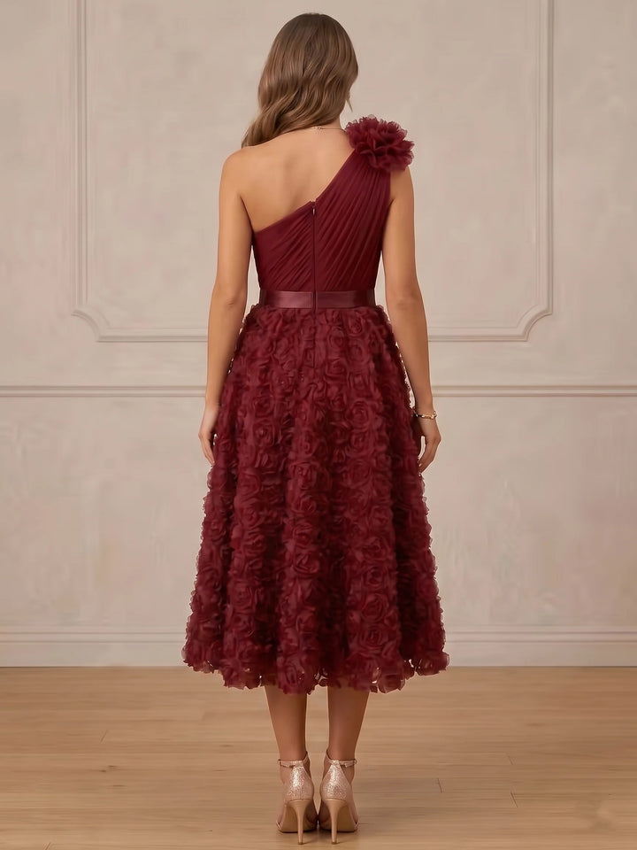A-Line/Princess One-Shoulder Tulle Cocktail Dresses Sleeveless Tea-Length Party Dresses 3D Flowers