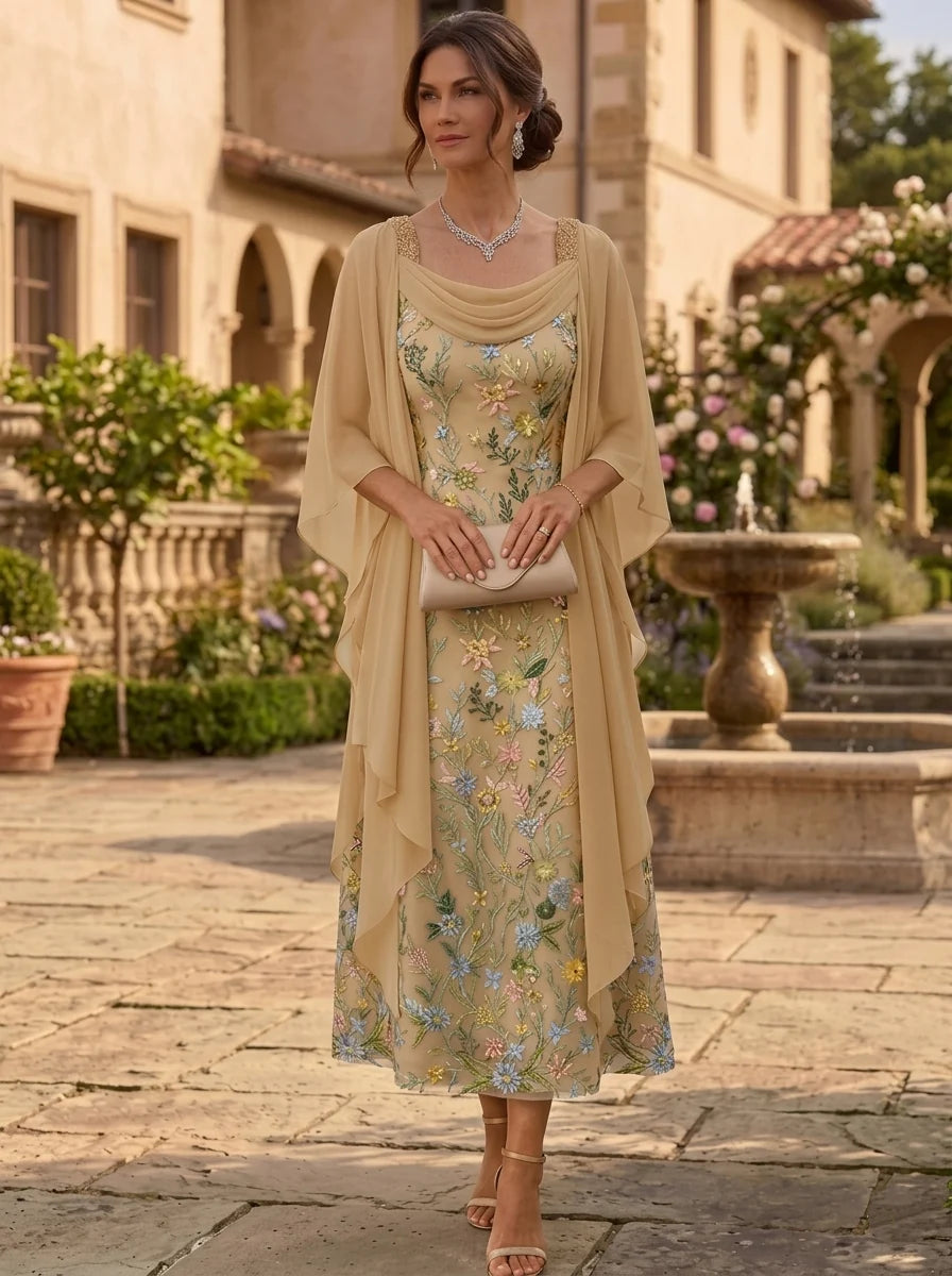 A-Line/Princess Square Collar Lace Embroidery Mother of the Bride Dresses Floral Tea-Length Cape Sleeves