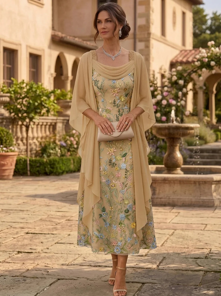 A-Line/Princess Square Collar Lace Embroidery Mother of the Bride Dresses Floral Tea-Length Cape Sleeves