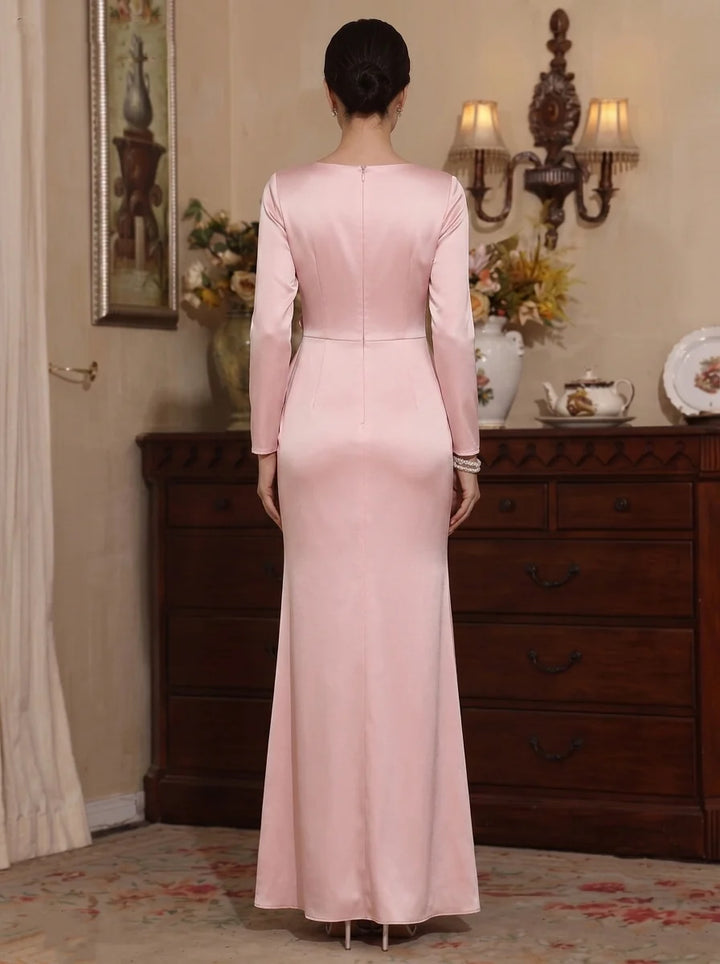 A-Line/Princess V-Neck Satin Mother of the Bride Dresses Floral Floor-Length Long Sleeves Ruffles