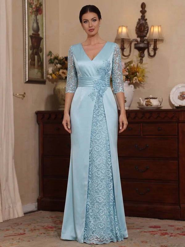 A-Line/Princess V-Neck Satin Mother of the Bride Dresses Lace Floral Floor-Length 3/4 Sleeves
