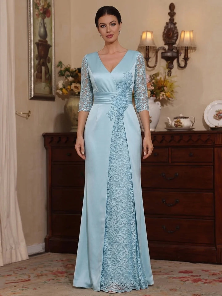 A-Line/Princess V-Neck Satin Mother of the Bride Dresses Lace Floral Floor-Length 3/4 Sleeves