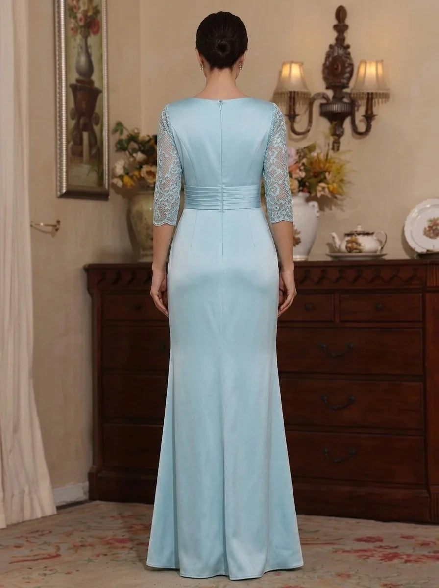 A-Line/Princess V-Neck Satin Mother of the Bride Dresses Lace Floral Floor-Length 3/4 Sleeves