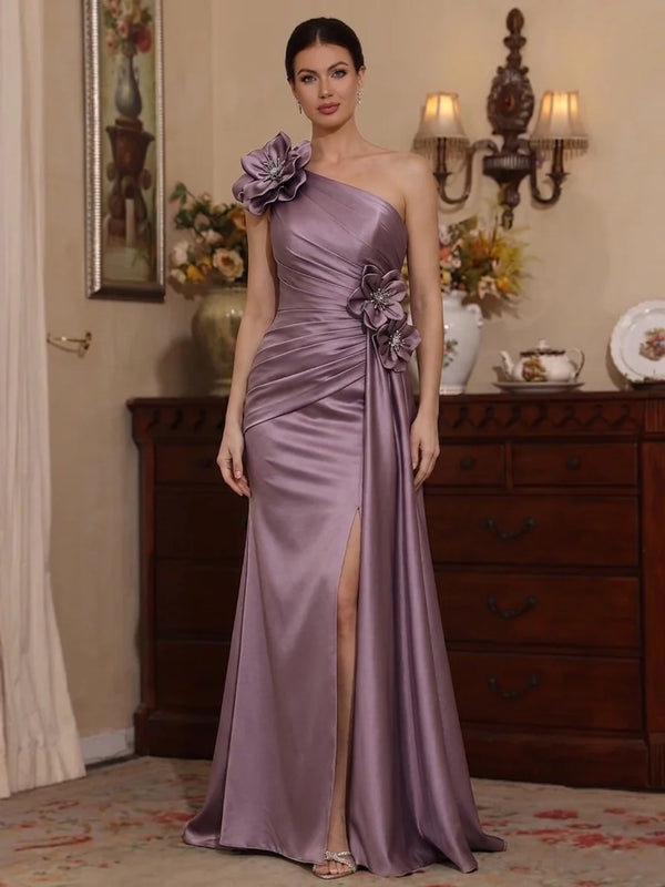 Sheath/Column One-Shoulder Satin Mother of the Bride Dresses with 3D Flower Floor-Length Split Side Sleeveless