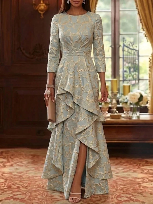 A-Line/Princess Scoop Jacquard Mother of the Bride Dresses with Split Side 3/4 Sleeves Floor-Length Floral Ruffles